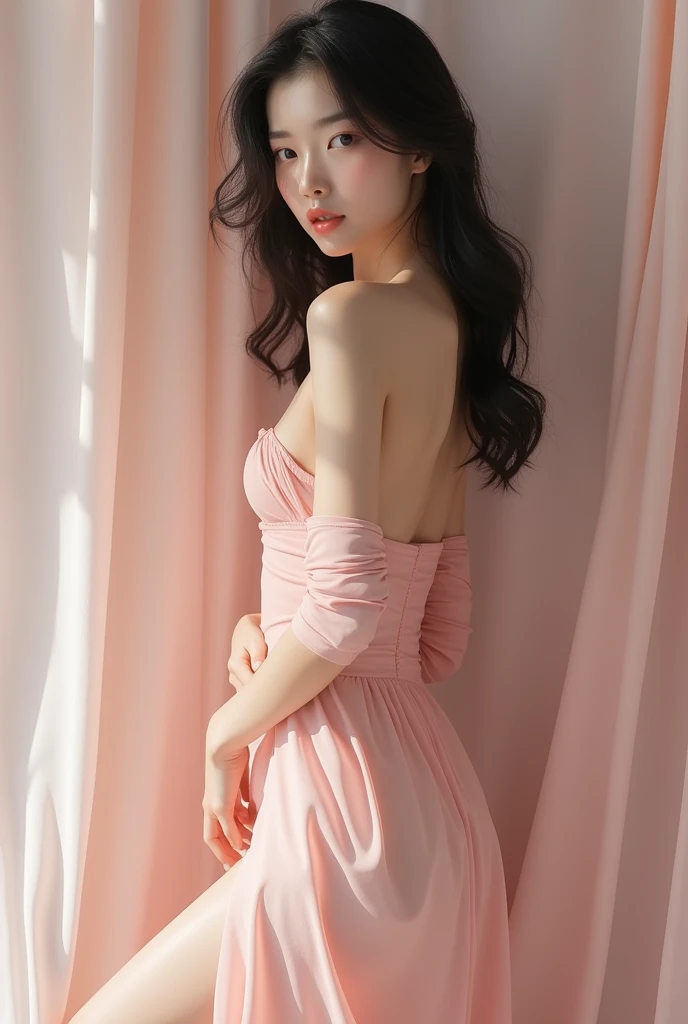 Here is the image of a beautiful and attractive Korean woman in a pastel-colored nude