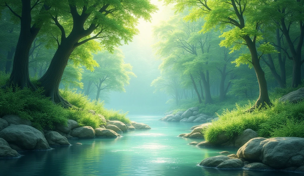 I capture quiet moments in nature...。wood々Imagine a peaceful landscape bathed in soft morning light..。.。Gentle meandering current、ล้อมรอบด้วยแมกwoodเขียวขจี。The overall atmosphere is peaceful and connected to the natural world..、Emphasizing the beauty and tranquility of outdoor moments。