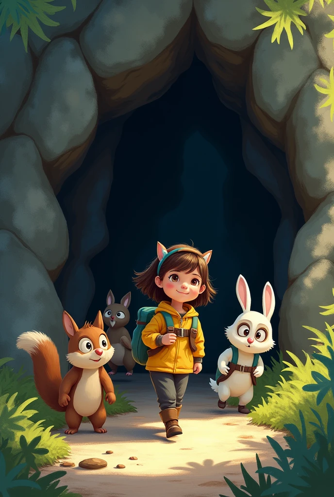 The friends  squirrel , rabbit and owl entering the cave with Mia leading the way. u v 