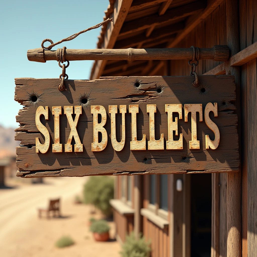 A written text only "Six Bullets" with some bullet holes in the middle in the western style on a wooden sign of a tavern