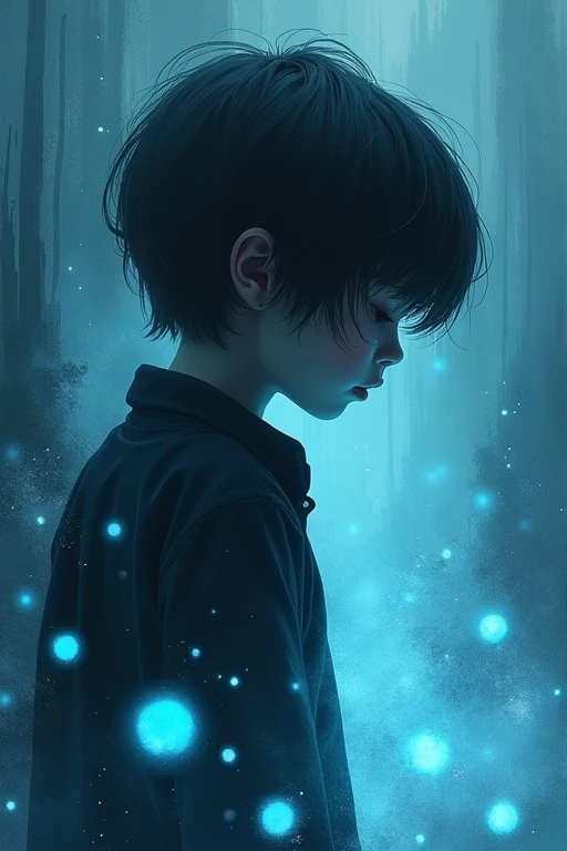 ((Highest quality)), ((masterpiece)), (detailed), night，横を向いている人間の4 year old boyの子，eyes are hidden by bangs，Another picture from behind，Many small light-blue balls are flying around，Horror，A painting that looks like it was painted with watercolors，4 year old boy，Fantasy，mysterious