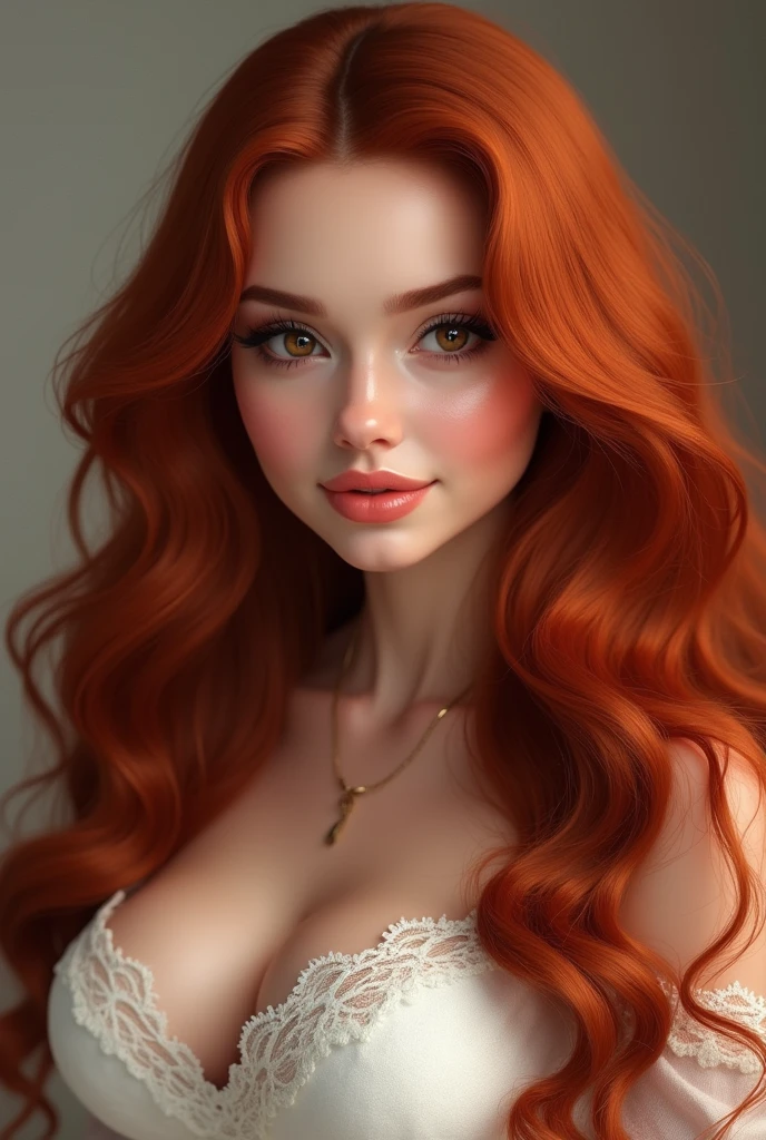 High-quality photograph of a red-haired beautiful girl with a 4th breast size. Photo size 245 megapixels.