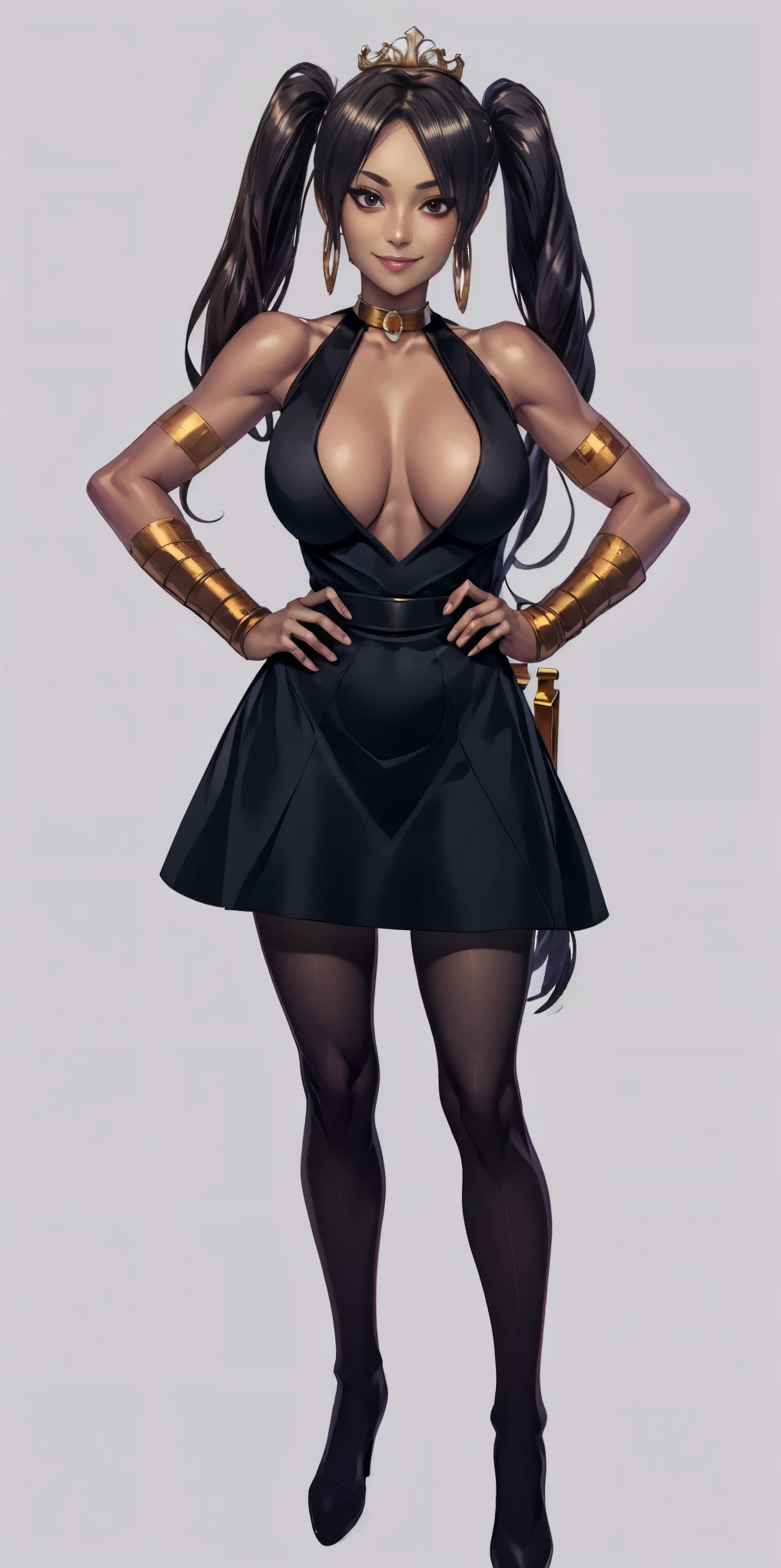 full body standing straight symmetrical, huge cowboy shot, solo 1MILF, lustful smirking smile face, looking at viewer, hands on hips, twintails, twin drills, dress, striped pantyhose, metal handcuffs on their hands with a black maetal slave collar around her neck, cowbell attached to the choker, sleeveless, black stockings, golden tiara