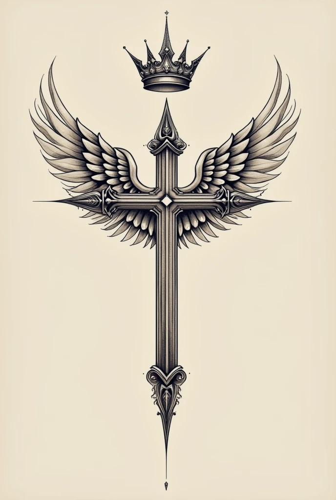 Cross with a crown and wings for a simple tattoo on the abdomen