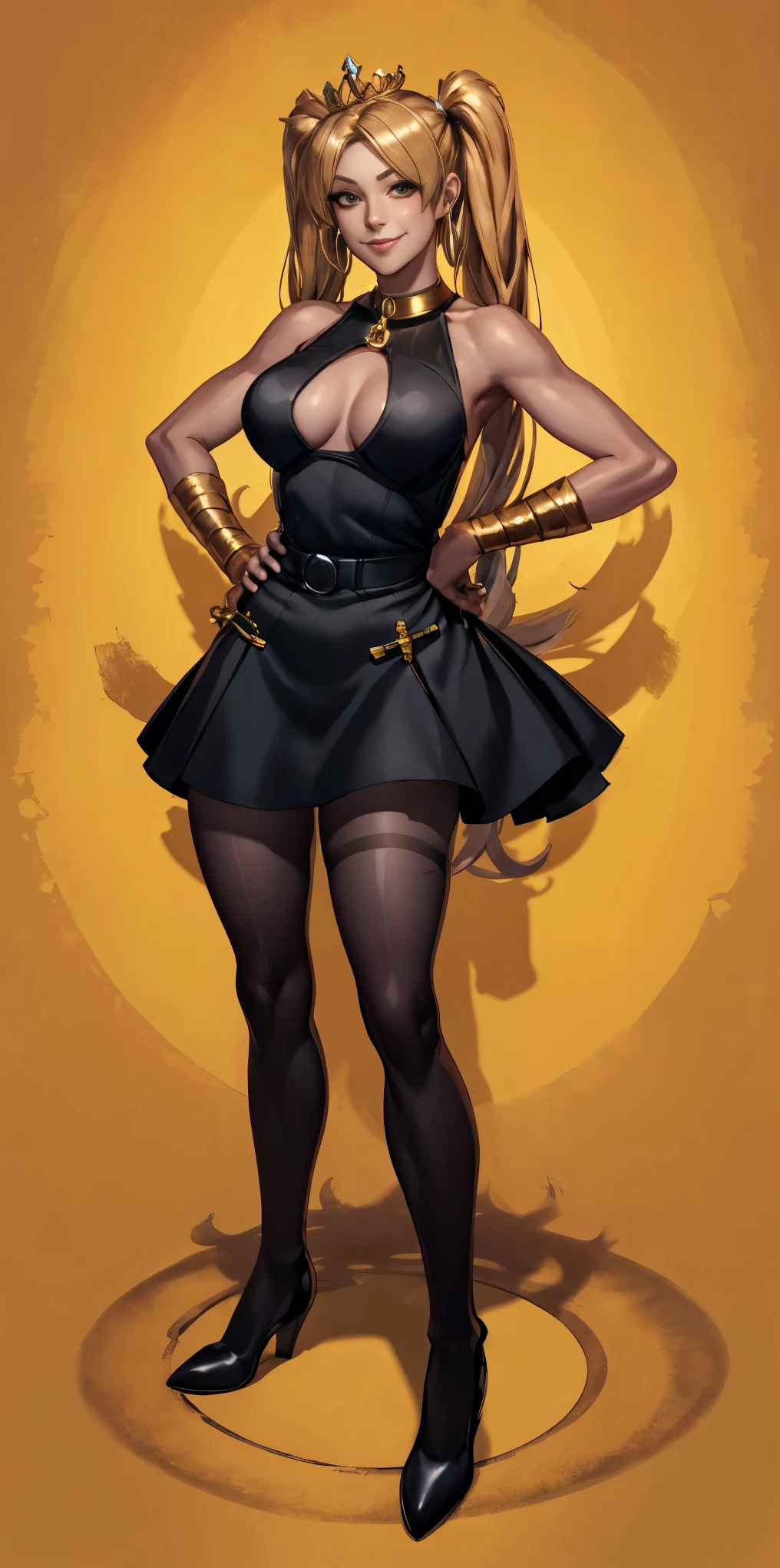 full body standing straight symmetrical, huge cowboy shot, solo 1MILF, ful smirking smile face, looking at viewer, hands on hips, twintails, twin drills, dress, striped pant, metal handcuffs on their hands with a black maetal slave collar around her neck, cowbell attached to the choker, sleeveless, black stockings, golden tiara