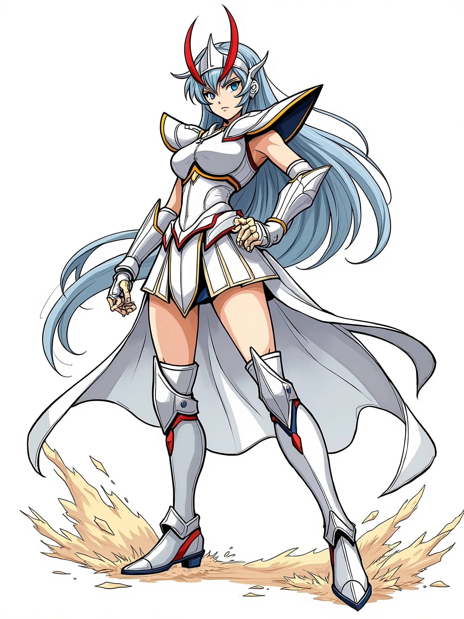 Coloring book of girl king of the zodiac skull, detailed face and eyes of hers, grey hair, white armor, helmet , Saint Seiya, 2023s Anime, Sketch, bold outline, bold colors, simplified features, tri-color, White , blond skin, action pose,
