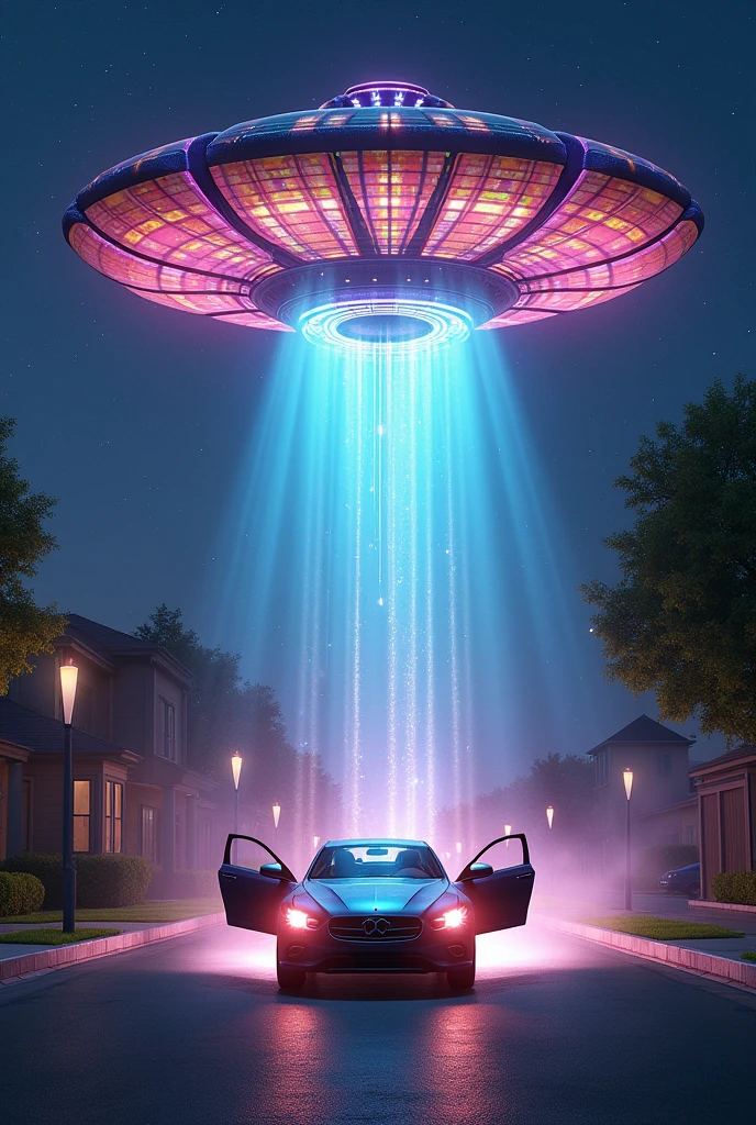 Colorful alien ship abducting a car with the doors open