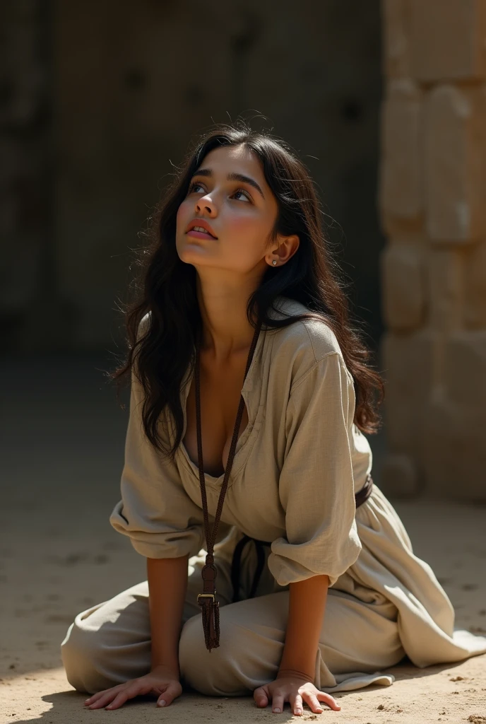 Young Maghrebi woman on all fours looking up to see her master she has a lesse around her neck