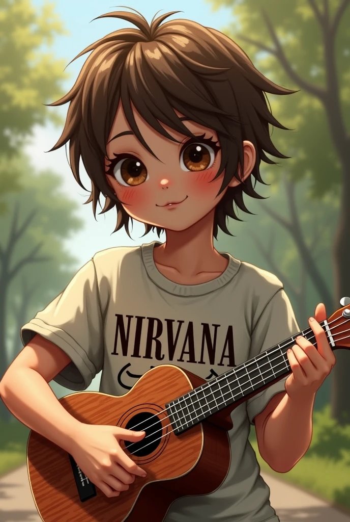 Generates a wearing a Nirvana t-shirt, brown eyes and brown hair, lacio playing a ukulele