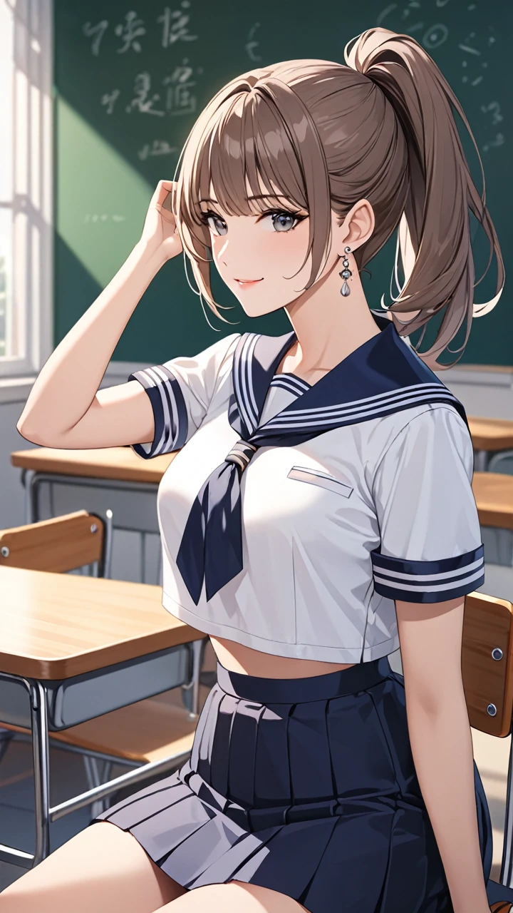 Highest quality masterpiece High resolution masterpiece Brown Bob Grey Eyes, high pony tail cut, wearing sailor uniform, seductive smile, tight, sit on chair, classroom, mature female, adjusting hair, earrings,