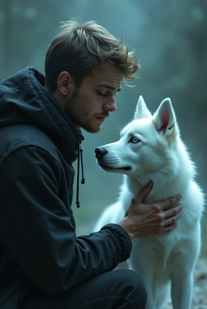 an image of a ghost husky dog and its owner a young man with light hair, light eyes and light skin crying over the death of his pet husky el espíritu fantasmal de un husky husky trasparente el mucho tenga barba