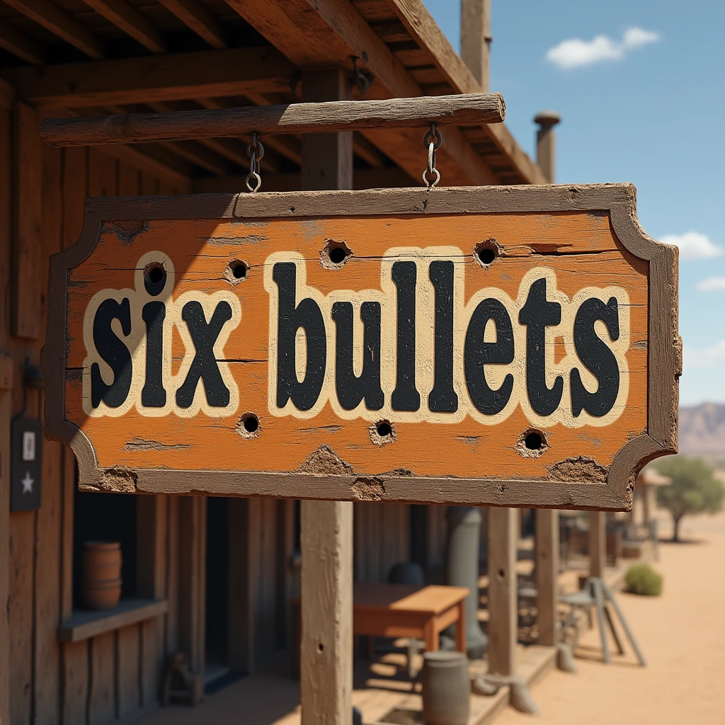 A written text only "Six Bullets" with some bullet holes in the middle in the western style on a wooden sign of a tavern