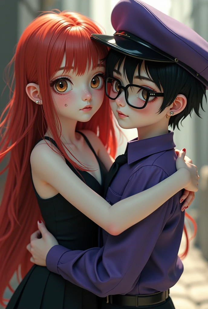 

- **Kizi**:
  - **cor da pele**: White - **body hair**: Long and red, with bangs - **eyeballs**: brown, with outline - **sardines**: On the face - **Piercing**: On the septum of the nose - **Position**: Hugging the boy Clothes: black dress - **boy**:
  - **cor da pele**: White - **body hair**: Short and black - **eyeballs**: brown
  - **glasses**: cerulean, square shaped - **Piercing**: In the mouth - **Position**: Hugging the Girl Clothes: purple uniform and purple cap