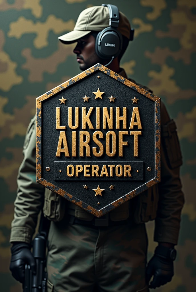 Create Cliché, Rubber patch, hexagonal coat of arms shield with the name Lukinha Airsoft and operator therefore an m4 rifle with a cap and headset with a camouflage background