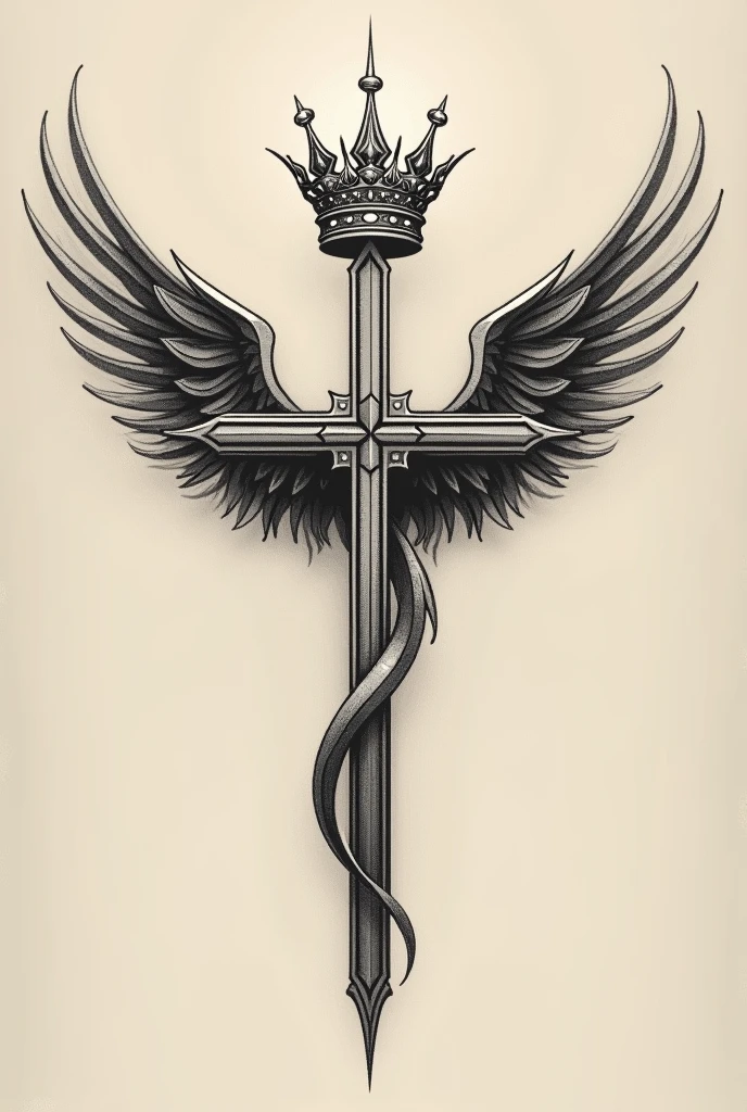 Cross with a crown and wings for a simple tattoo on the abdomen