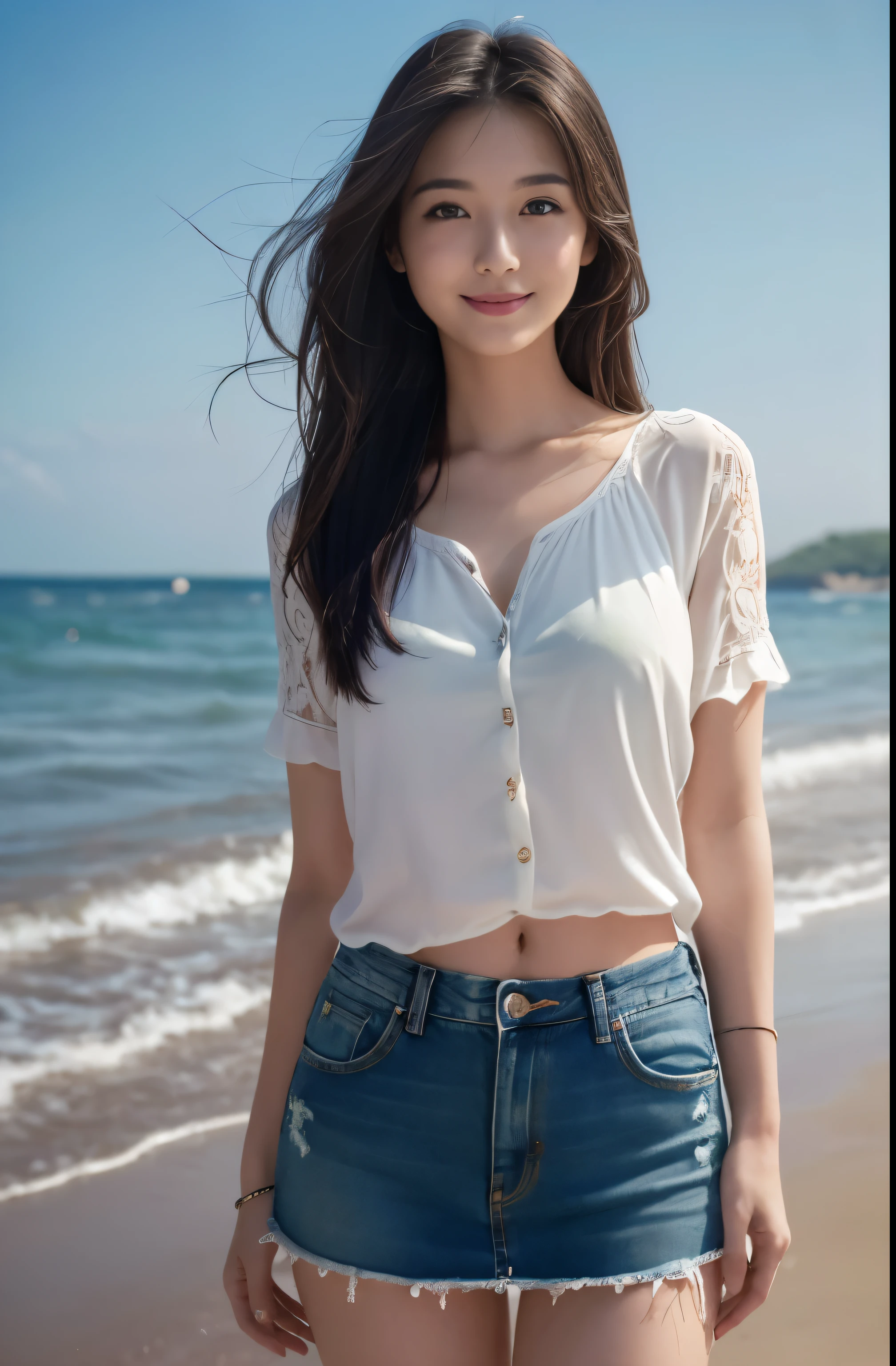 (Highest quality, Intricate details: 1.2) ,1 person, alone, Looking at the audience, (Red upper body swimsuit), (Denim mini skirt)Lips parted, Realistic,At the Beach,smile,shy,Medium Size,White,Long Hair,just_feet,Pale complexion,Background green,