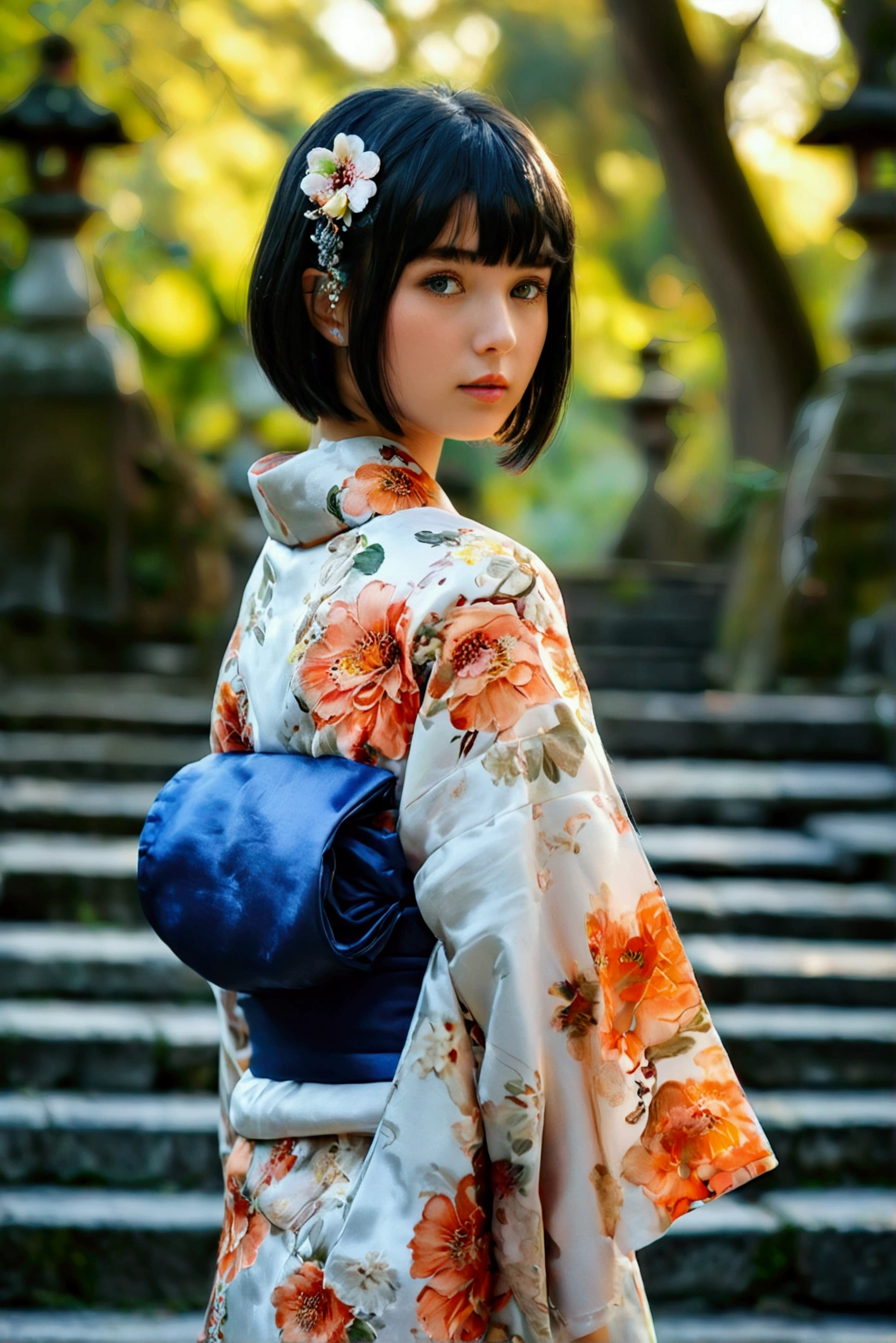 (RAW photo, best quality, masterpiece: 1.2), (photorealistic: 1.4), (Polish girl, 20 years old, black hair, Light grey eyes, short bob cut, hair in 7 thirds, hair over one ear, bangs, solo, Detailed Skin:1.1), Polish girl wearing a yukata with light navy blue watercolor floral pattern on a white background, navy blue obi, flower hair accessory, small drawstring bag, daytime, standing on the steps leading to a shrine, trees, sky, full body,