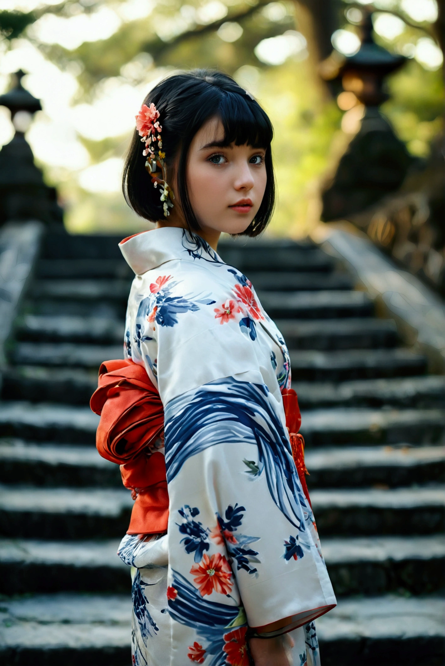 (RAW photo, best quality, masterpiece: 1.2), (photorealistic: 1.4), (Polish girl, 20 years old, black hair, Light grey eyes, short bob cut, hair in 7 thirds, hair over one ear, bangs, solo, Detailed Skin:1.1), Polish girl wearing a yukata with light navy blue watercolor floral pattern on a white background, navy blue obi, flower hair accessory, small drawstring bag, daytime, standing on the steps leading to a shrine, trees, sky, full body,