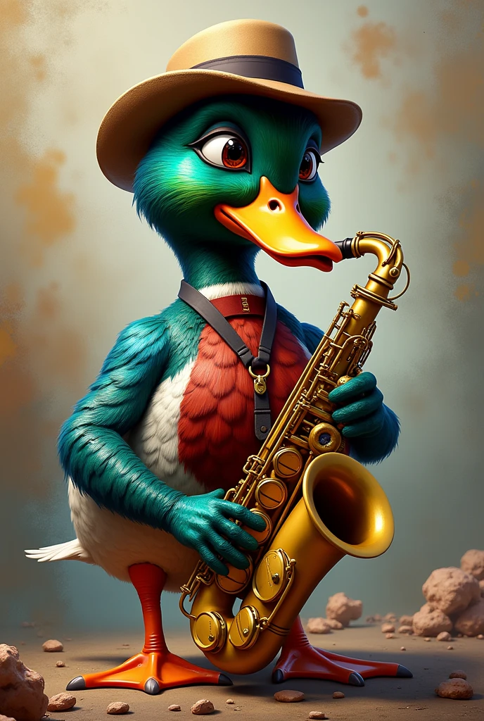 Mallard duck with a lively twist, with hat playing alto saxophone Well detailed 