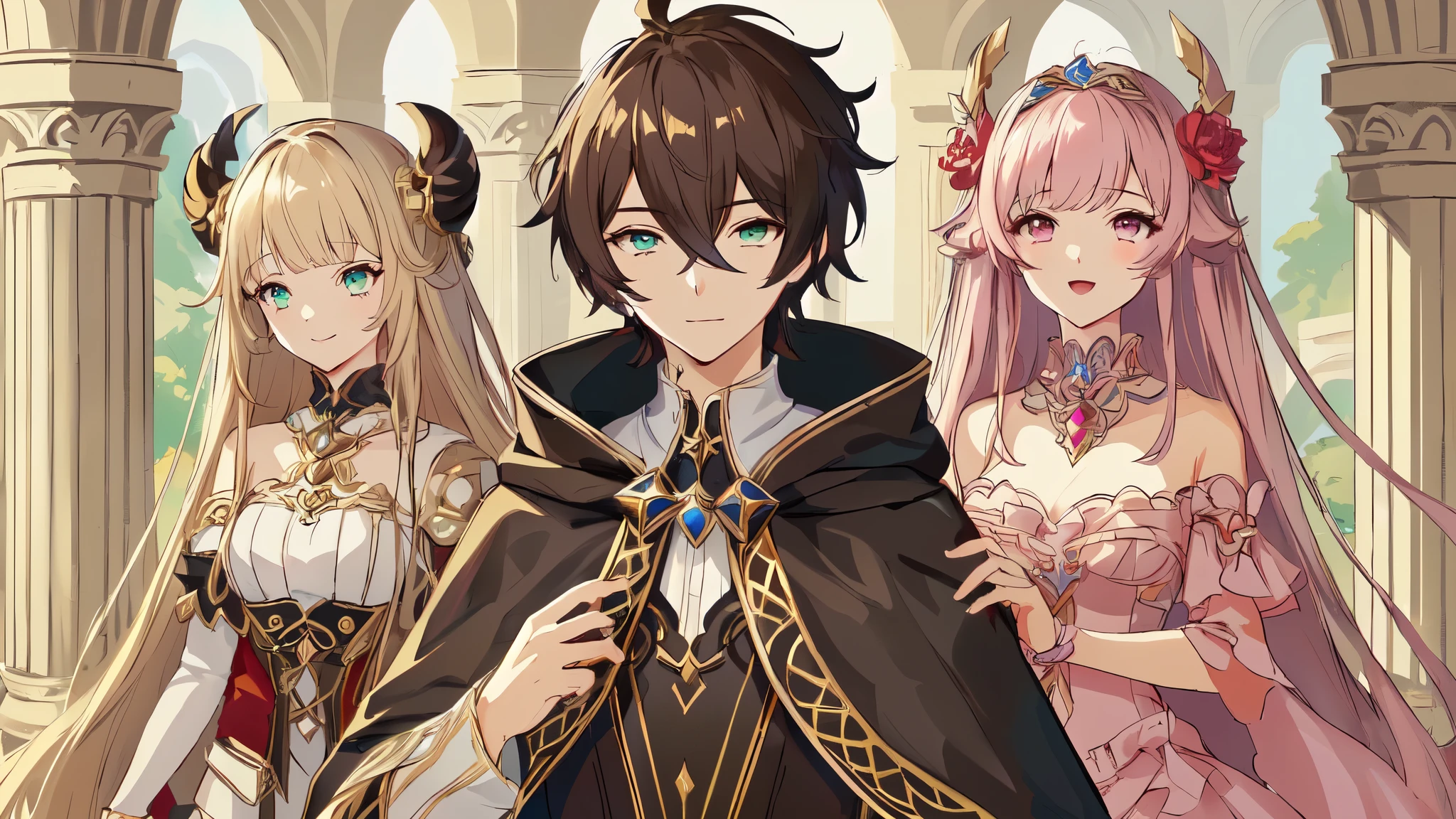 anime characters dressed in costumes standing in a building, genshin, anime in fantasy style, coriolios rpg art style, wearing fantasy formal clothing, popular isekai anime, three futuristic princes, genshin impact character, fantasy art style, shadowverse style, kawacy, granblue fantasy, isekai, roleplaying game art, detailed key anime art, garota bonita, peitos grandes, garota sensual, garota sexy, garota com roupa transparente, roupa sensual, olhos bonitos e detalhados, garotas com decote, peitos lindos, garotas sorrindo, garotinhas sorrindo, sorriso bonito, personagens sorrindo, sorriso bonito, personagem com sorriso