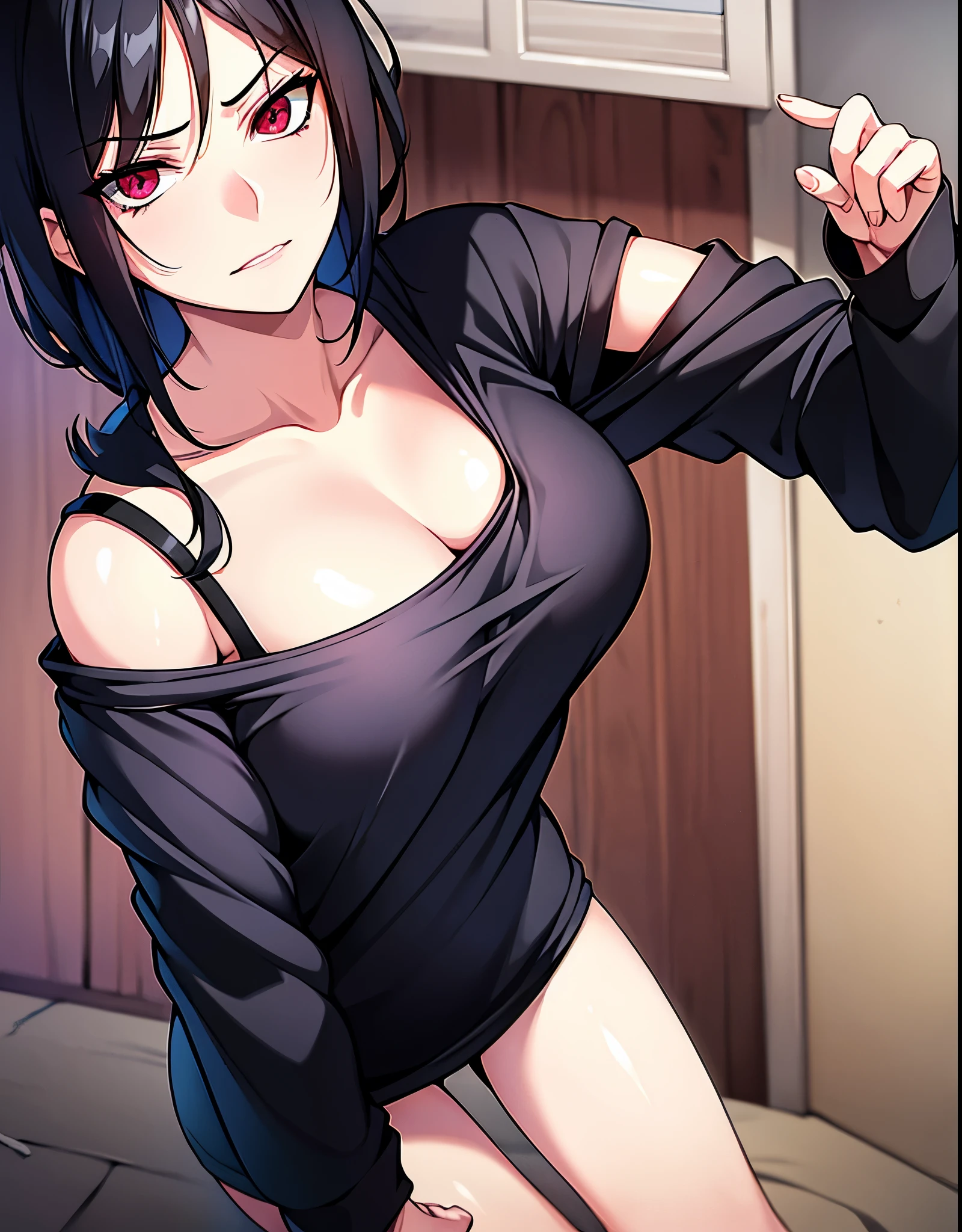 a sexy girl,  dark black hair, loose hair, Sharingan eyes, casual clothes, annoyed, head on, black shirt, blue jeans, pose sexy