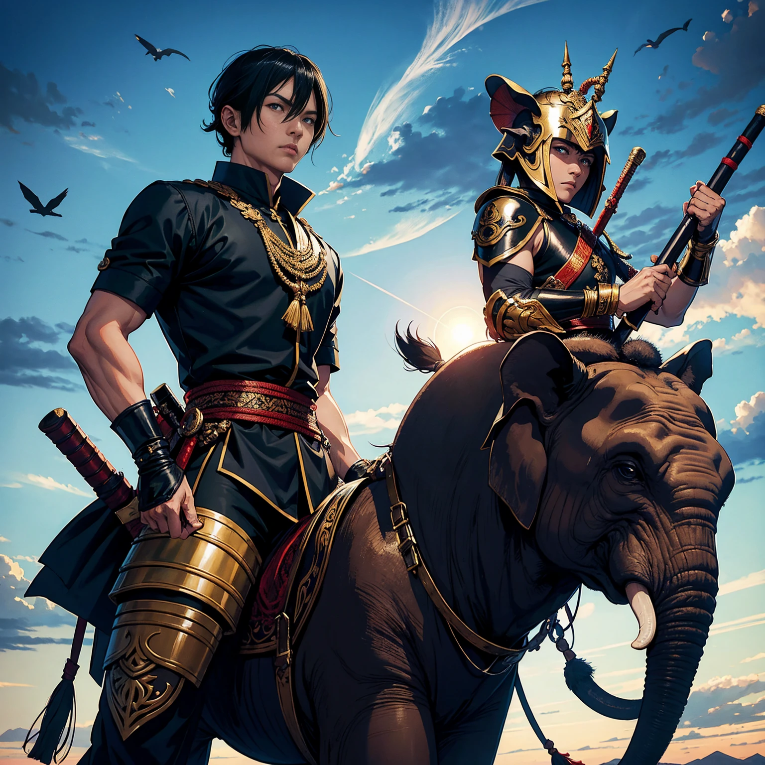 Thai character riding an elephant ,Thai Warrior Costume, Ready for battle, Inspiration from the Black Organization,Holding a weapon and wearing a Thai war helmet,Wear Thai armor