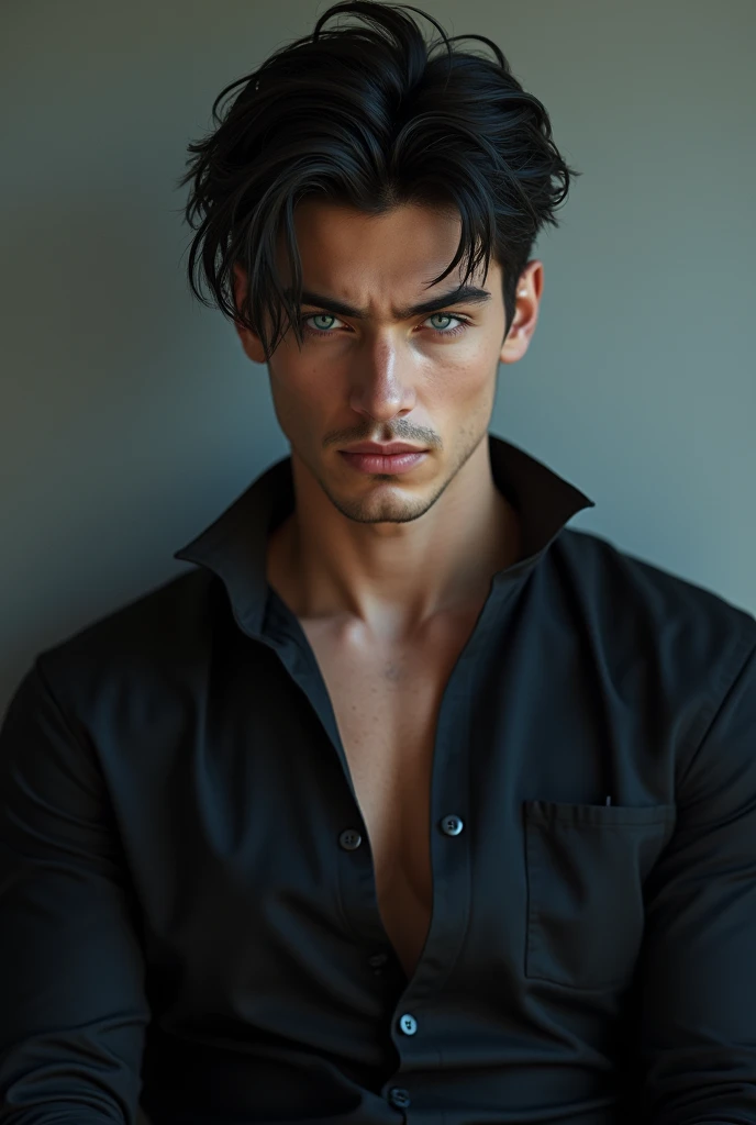 He looked relatively young with ice blue eyes, who looked at me intensely. His black styled hair, the broad body, the black shirt with two open buttons at the top and rolled up sleeves gave him an attractive, but also dangerous appearance. A striking face, which was characterized by a certain coldness, suggested, that this man was not easy to understand. His gaze was piercing, and his grin revealed a certain self-confidence, that caught my attention.