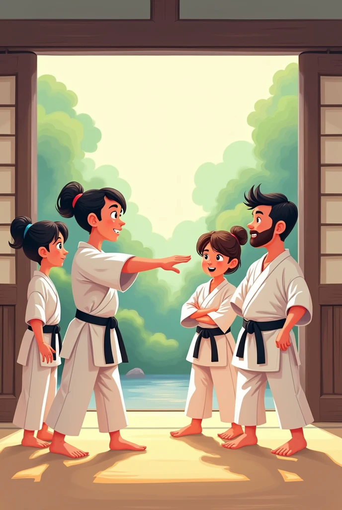 Simple cartoon style illustration of martial artists making friends in a dojo 