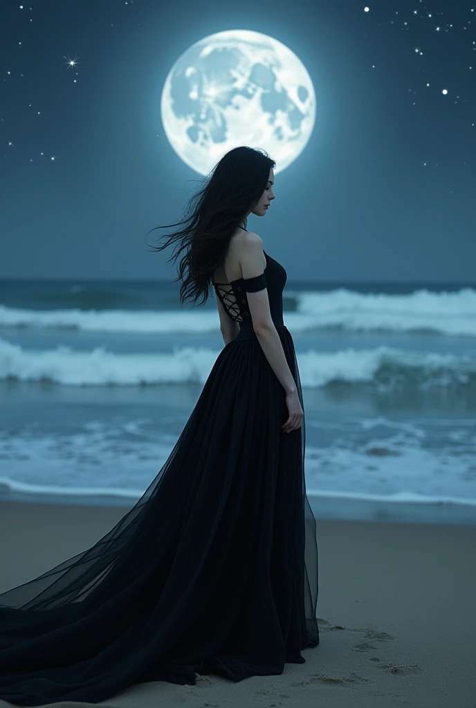 Light skinned woman with long black hair wearing a black horse-riding black dress with long mane on a deserted beach on a starry night with a full moon