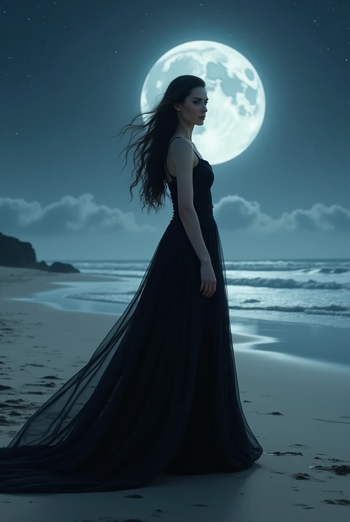 Light skinned woman with long black hair wearing a black horse-riding black dress with long mane on a deserted beach on a starry night with a full moon