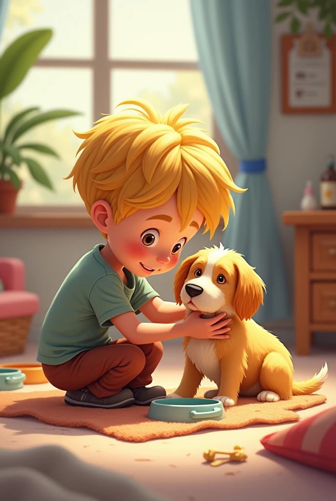 Create a blond boy taking care of a very sick stray dog. The image must be in cartoon style.