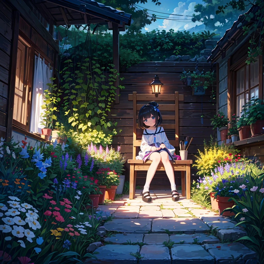 {{{Masterpiece, highest quality, high resolution background}}}, bright and beautiful atmosphere, 1 girl (7 years old, round face, baby face), small breasts, girl making a handmade chair with tools, clothes that are easy to move in, A small garden, "deltamon_sdXL :0.73)>Deltamon"