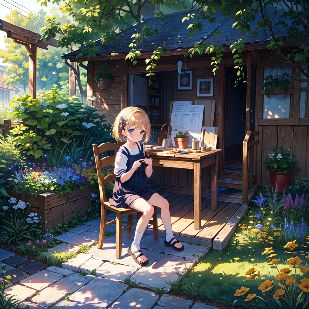 {{{Masterpiece, highest quality, high resolution background}}}, bright and beautiful atmosphere, 1 girl (7 years old, round face, baby face), small breasts, girl making a handmade chair with tools, clothes that are easy to move in, A small garden, "deltamon_sdXL :0.73)>Deltamon"