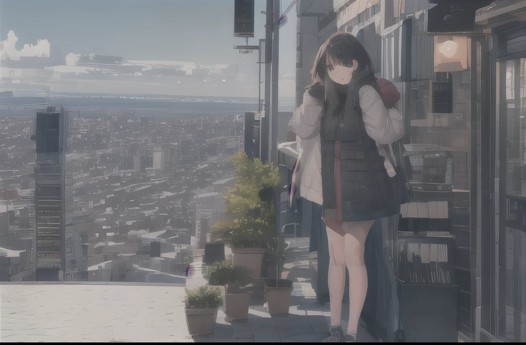 1girl, cityscape, scenery, rooftop, outdoors, standing, sunset, building, cloud, cogecha,
