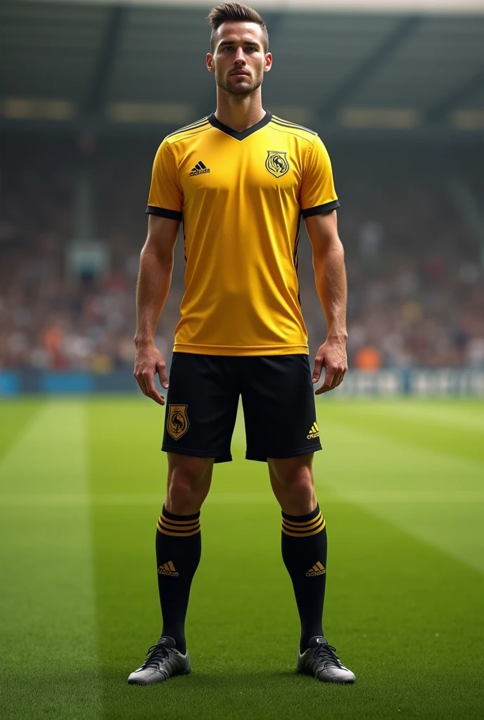 Soccer uniform, golden shirt with black details, black short with golden details, black socks, no sponsors