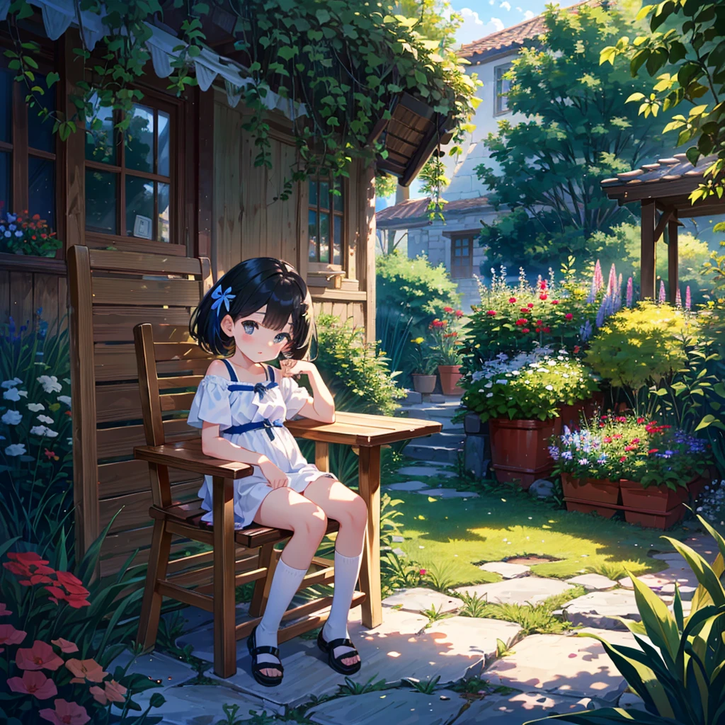 {{{Masterpiece, highest quality, high resolution background}}}, bright and beautiful atmosphere, 1 girl (7 years old, round face, baby face), small breasts, girl making a handmade chair with tools, clothes that are easy to move in, A small garden, "deltamon_sdXL :0.73)>Deltamon"