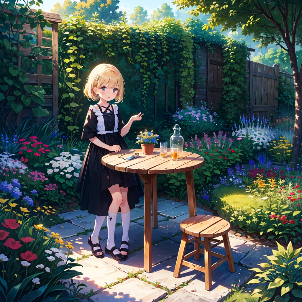 {{{Masterpiece, highest quality, high resolution background}}}, bright and beautiful atmosphere, 1 girl (, round face, baby face), small breasts, girl making a handmade chair with tools, clothes that are easy to move in, A small garden, "deltamon_sdXL :0.73)>Deltamon"