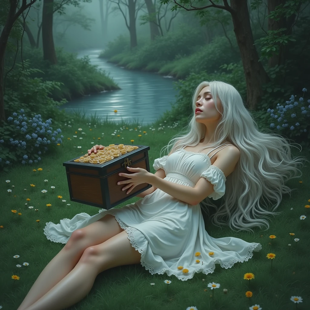 A woman with long white hair,she will wear a white cotton dress and wet,She will be lying on the grass of an enchanted garden and there will be a magical river near her.,I want a kind of secret garden vibe and it's kind of sad,I want the climate closed like an air of sadness,I want her holding a chest of secrets,She will have her eyes closed and a tear coming out of one of her eyes,I want her feet to appear