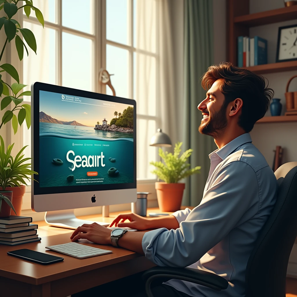 a man working on a computer at home, a happy moment, computer screen showing a website for SeaArt, a face full of joy, detailed portrait, highly detailed, realistic, photorealistic, cinematic lighting, warm color tones, cozy interior, window view of a calm ocean, potted plants, desk setup, comfortable chair, analog clock, stacks of books, natural sunlight, soft focus background