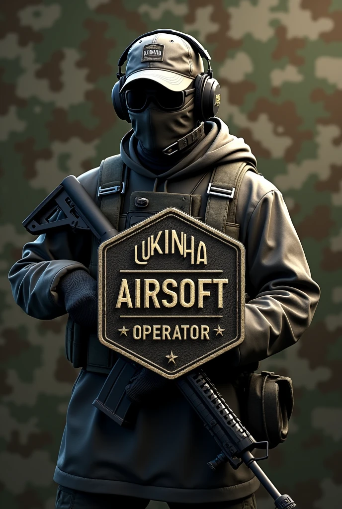 Create Cliché, Rubber patch, hexagonal coat of arms shield with the name Lukinha Airsoft and operator therefore an m4 rifle with a cap and headset with a camouflage background