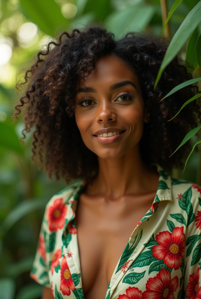 A Brazilian woman in a lush tropical garden, wearing an open shirt with a floral print, with a close-up capturing the harmonious beauty between her breasts and the natural flowers, showing off your natural charm and outgoing personality.