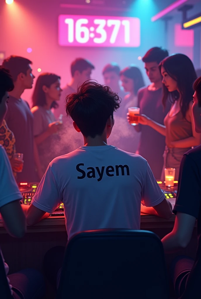 Smoking and drinking, sitting on chair in DJ club,around some girl and boys, the smoker weared a shirt in the shirt "Sayem" was showed tkae the image from back