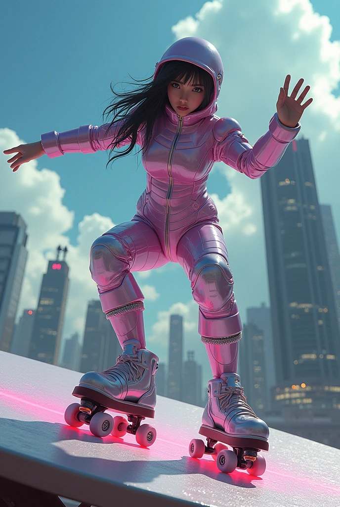 photo-realistic, ultra-realistic, very beautiful Japanese futuristic soldier, famous Japanese idol, 25 years old, dramatic scene, masterpiece, beautiful eyes, roller skating On the dish of nasa's giant parabolic antenna, skyscrapers, (cyber punk glossy mecha armor suits with neon sign), acrobatic pose, dynamic angle, dangerous place, (face focus),