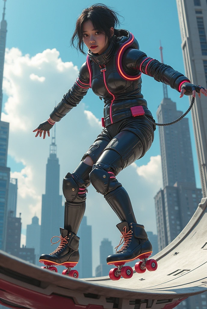 photo-realistic, ultra-realistic, very beautiful Japanese futuristic soldier, famous Japanese idol, 25 years old, dramatic scene, masterpiece, beautiful eyes, roller skating On the dish of nasa's giant parabolic antenna, skyscrapers, (cyber punk glossy mecha armor suits with neon sign), acrobatic pose, dynamic angle, dangerous place, (face focus),