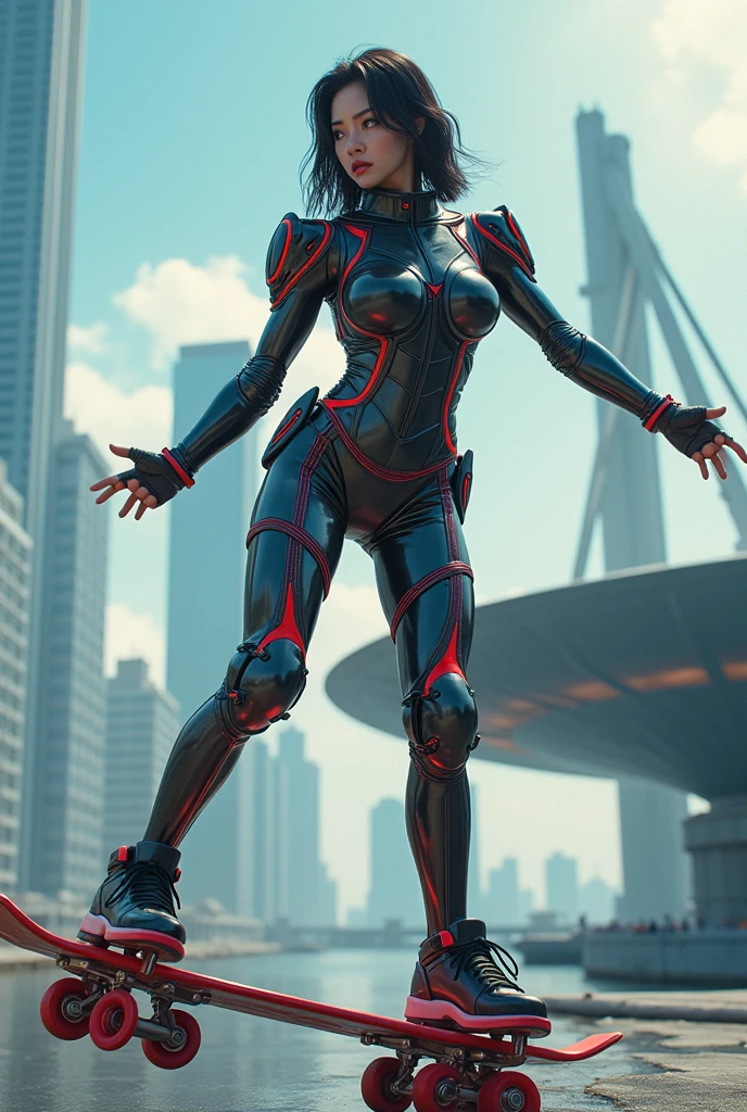 photo-realistic, ultra-realistic, very beautiful Japanese futuristic soldier, famous Japanese idol, 25 years old, dramatic scene, masterpiece, beautiful eyes, roller skating On the dish of nasa's giant parabolic antenna, skyscrapers, (cyber punk glossy mecha armor suits with neon sign), acrobatic pose, dynamic angle, dangerous place, (face focus),