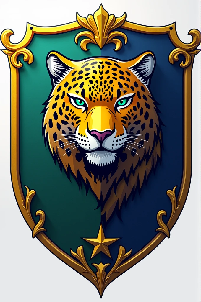 create a team shield with white colors, blue and gold with the flag of Amazonas with a jaguar saying “United of Texas”