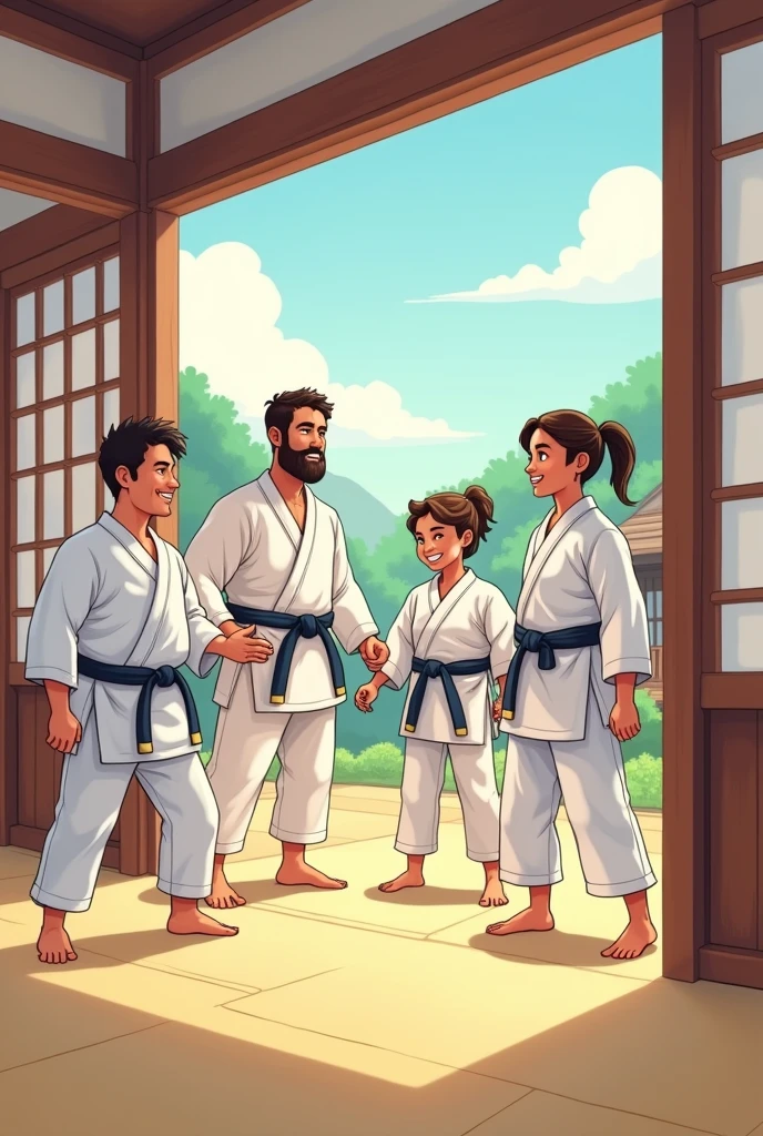 Simple cartoon style illustration of martial artists making friends in a dojo 