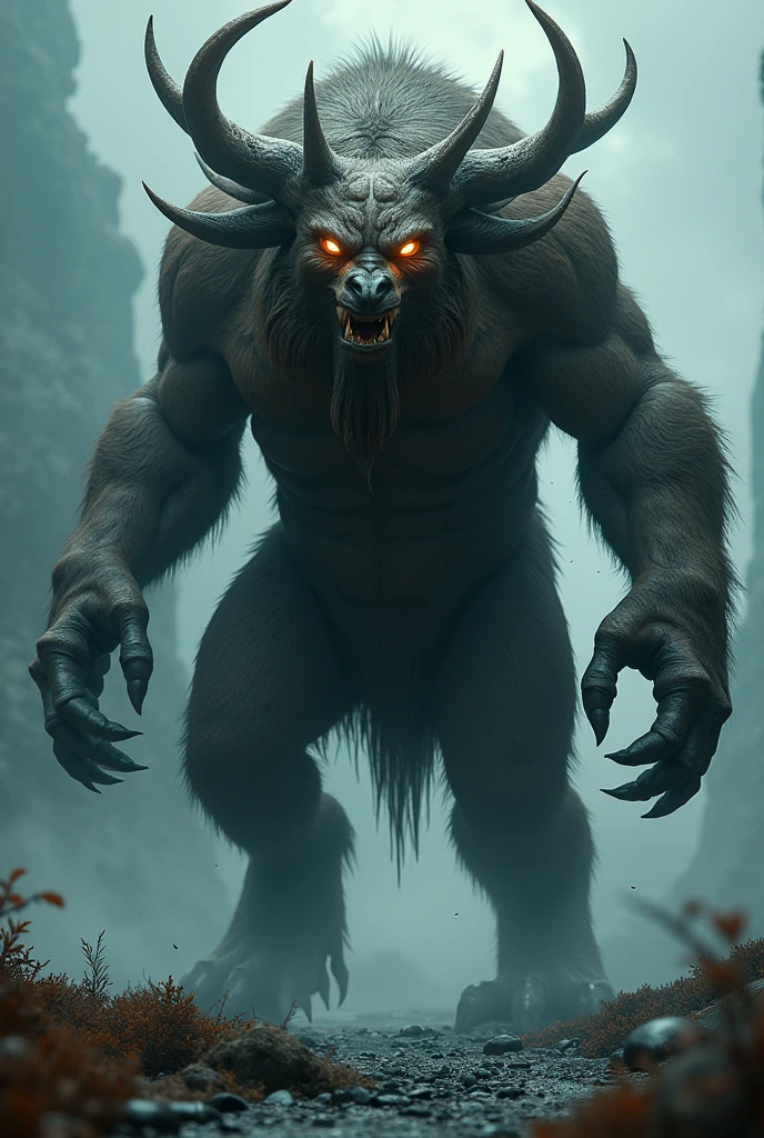 a monstrous goat-faced creature with a bear body and moose legs, hyper detailed, 8k, photorealistic, masterpiece, cinematic lighting, dramatic shadows, intricate textures, dynamic pose, fantasy, surreal