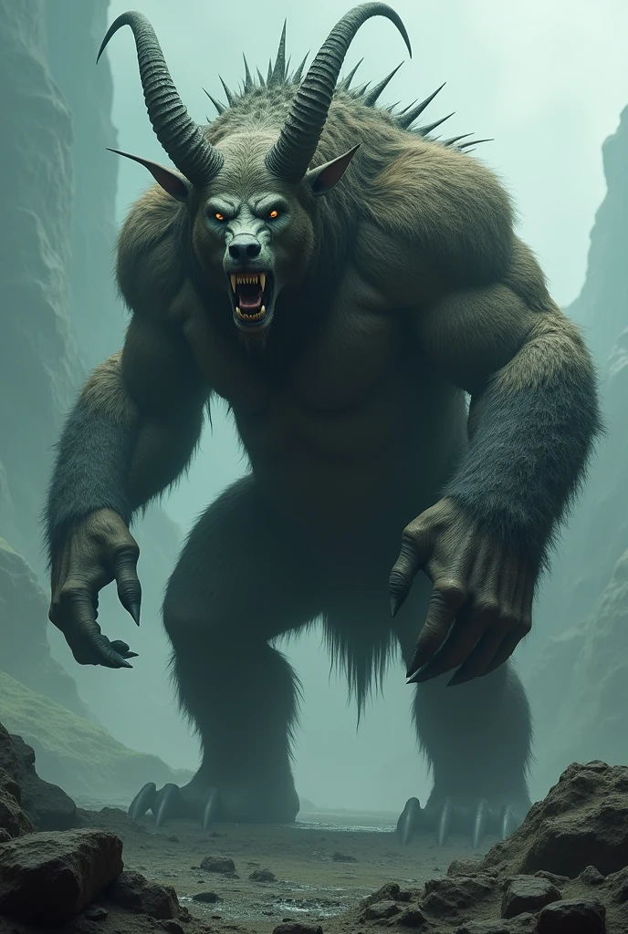 a monstrous goat-faced creature with a bear body and moose legs, hyper detailed, 8k, photorealistic, masterpiece, cinematic lighting, dramatic shadows, intricate textures, dynamic pose, fantasy, surreal