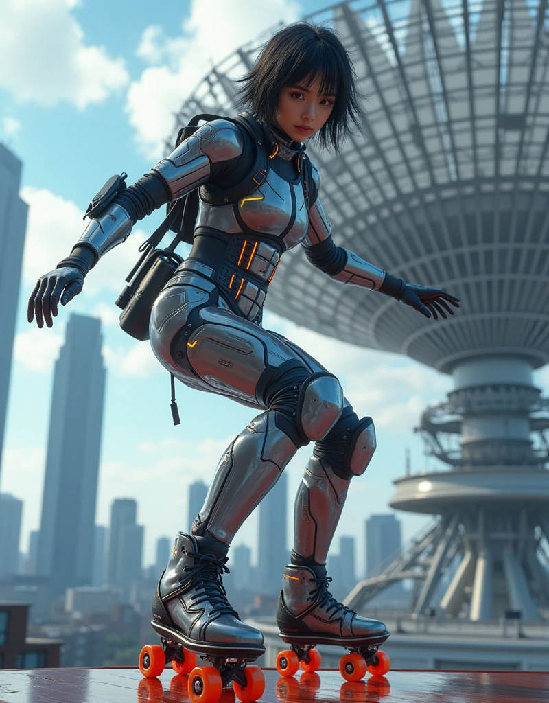 photo-realistic, ultra-realistic, very beautiful Japanese futuristic soldier, famous Japanese idol, 25 years old, dramatic scene, masterpiece, beautiful eyes, roller skating On the dish of nasa's giant parabolic antenna, skyscrapers, (cyber punk glossy mecha armor suits with neon sign), acrobatic pose, dynamic angle, dangerous place, (face focus),